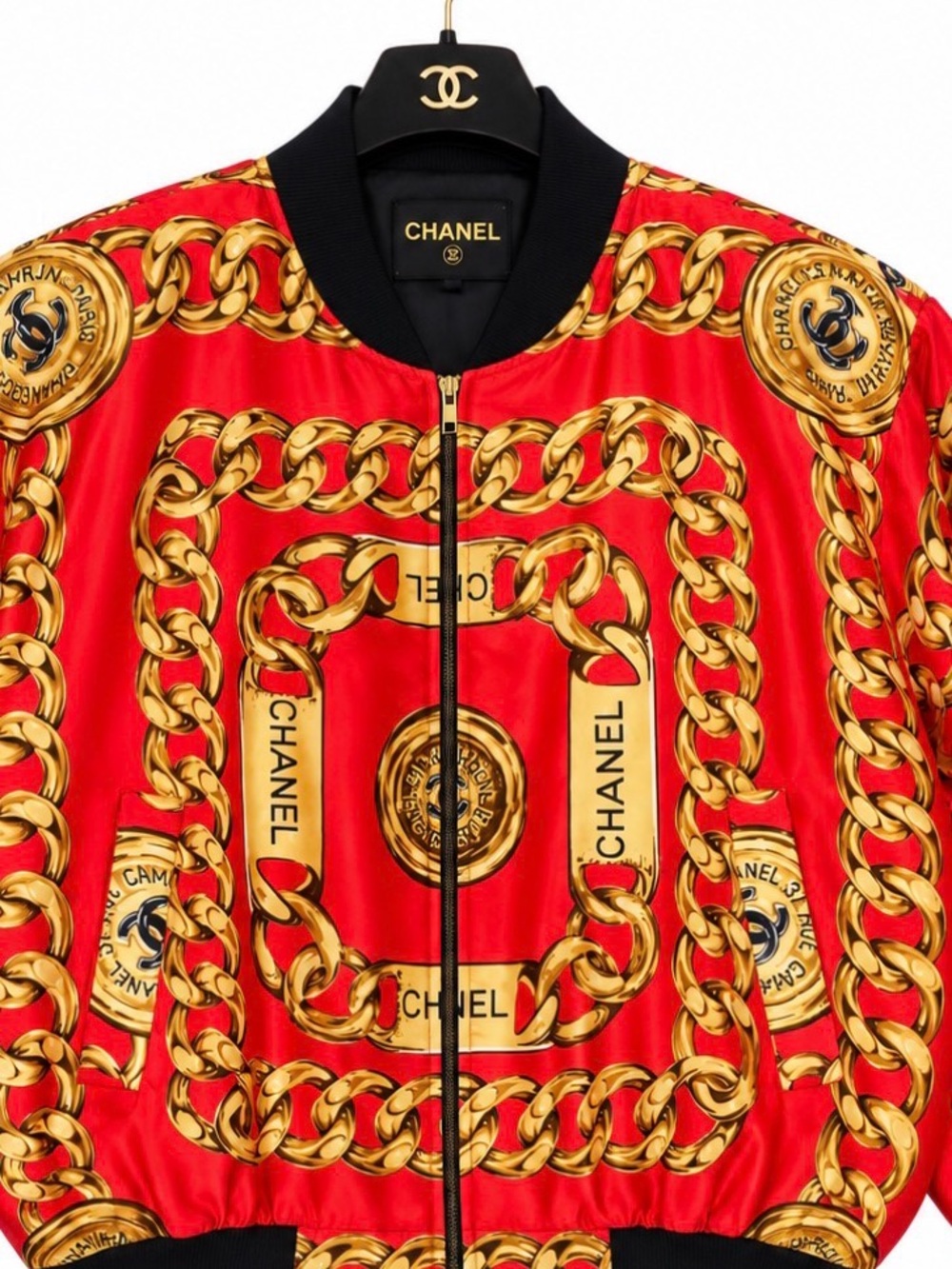 CHANEL Red Bomber Jacket with Gold Chain Motif
